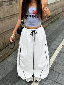 Coolane Women's Summer Streetwear Sportswear Going Out Daily Wear Patchwork Woven Tape White Wide Leg Pants Summer Outfits For Women - White - View 6
