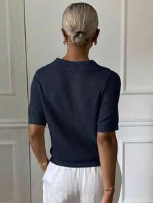 Livesso Women's Summer Polo Collar Short Sleeve Knit Top - Navy Blue - View 2