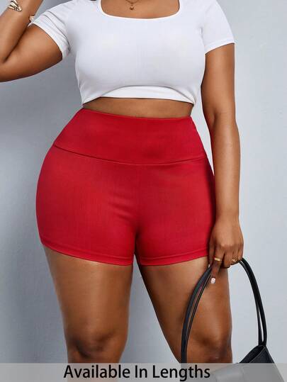 SHEIN PETITE CURVE Quần short nữ cỡ lớn cạp cao màu trơn dáng ôm vừa vặn, kiểu dáng thường ngày.