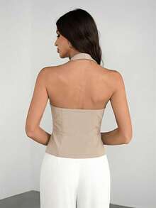 Tall Blazer casual de mujer de color negro sólido con cuello en V, chaleco de traje tejido, atuendo sexy de sirena de oficina, vintage, de maestra, para otoño, traje de oficina para mujer - Caqui - Ver 2