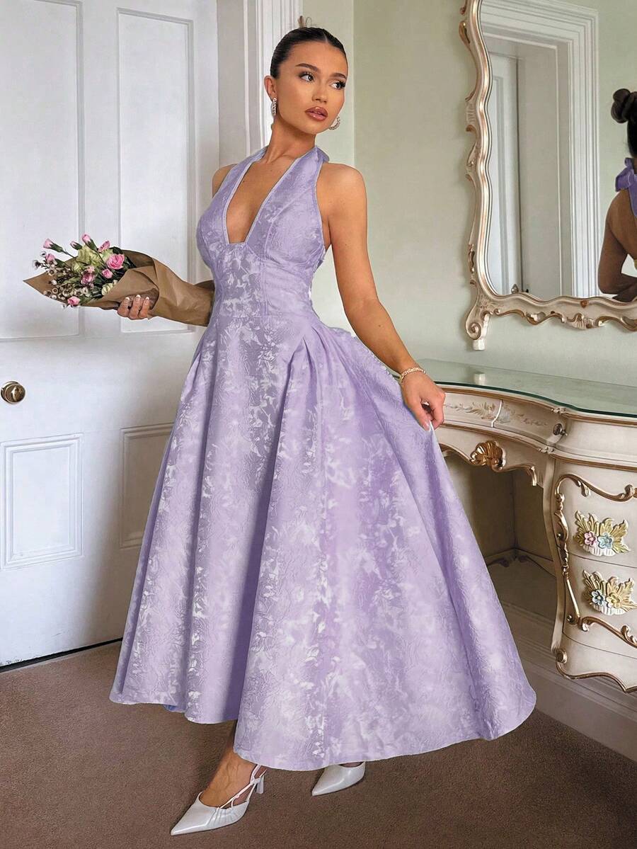 Glamine Charm Vintage 3D Embossed Floral V-Neck Sleeveless Flared Dress For Women - Mauve Purple - View 1