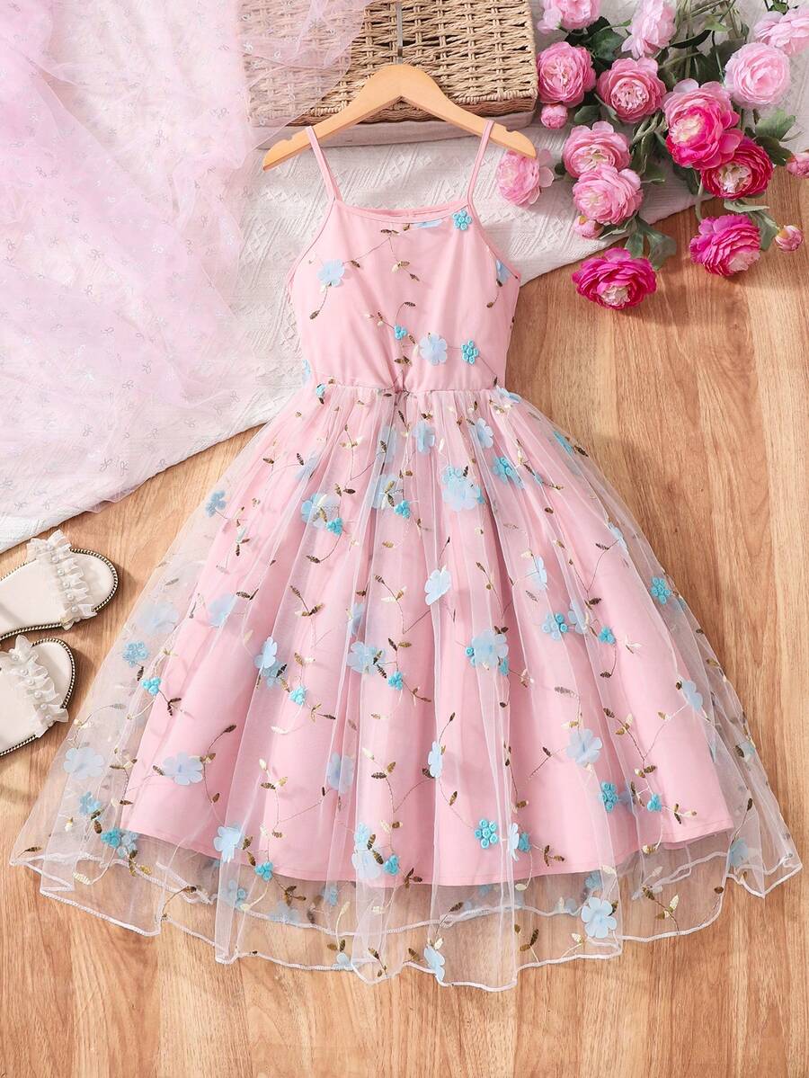 SHEIN Tween Girl Embroidered Slip Dress, Suitable For Vacation, Birthday Party - Multicolor - View 1