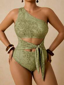 Travachic Plus Size Tropical Green Plant Print Asymmetric Neck Hollow Out Tie-Front One-Piece Swimsuit, Vacation Outfit Summer Beach - Green - View 1