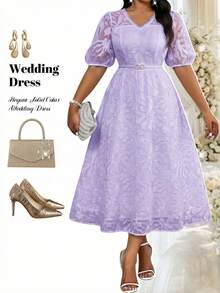Fleurora Plus Size Women V-Neck Short Petal Sleeve Elegant Cutout Dress Dresses For Special Occasions Wedding Outfits For Women For Women Wedding Guest Elegant Dresses For Women Wedding Dresses For Women Wedding Dresses For Guests Elegant Ceremony Dresses Birthday Dress - Mauve Purple - View 1