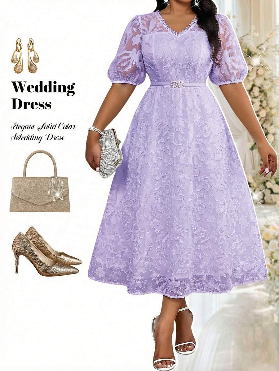 Fleurora Plus Size Women V-Neck Short Petal Sleeve Elegant Cutout Dress Dresses For Special Occasions Wedding Outfits For Women For Women Wedding Guest Elegant Dresses For Women Wedding Dresses For Women Wedding Dresses For Guests Elegant Ceremony Dresses Birthday Dress - Mauve Purple - View 1