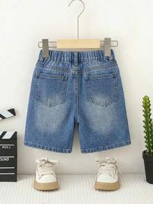 Young Boy Summer Casual Street Cool Minimalist Fashion Versatile Comfortable Elastic Waist Washed Black Ripped Denim Shorts,Suitable For Daily Outing - Medium Wash - View 2