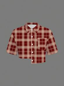 Slaydiva Áo sơ mi nữ tay ngắn kẻ caro có túi, kiểu dáng bất đối xứng, dáng ngắn. - Nhiều màu - Xem 4