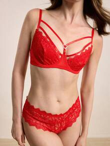 Hourtrue 2pcs Lace Contrast Mesh Wireless Bra Set For Women - Red - View 7