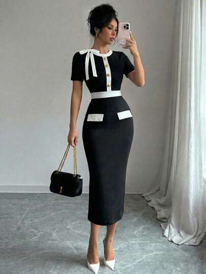 Selianne 女士优雅修身撞色纽扣装饰短袖连衣裙，夏季时尚休闲户外度假日常修身剪裁，适合女士派对、约会、聚会、工作通勤、商务场合，撞色短袖连衣裙，日常穿着，夏季连衣裙，女士夏季连衣裙，适合所有季节，适合毕业季、返校季、开学季、毕业典礼、教师节，女士撞色蝴蝶结装饰修身纽扣短袖连衣裙，夏季