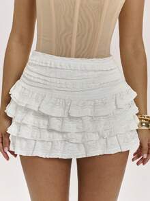 SHEIN BAE 女士夏季休闲纯色纹理蕾丝荷叶边A字白色迷你裙，可爱蛋糕裙，沙滩裙，适合外出、音乐节、俱乐部等多种场合 - 白色 - 查看 1