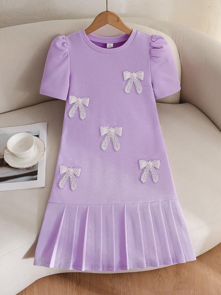 Elladie kids Đầm ngắn tay xếp ly thắt nơ cho bé gái tuổi teen, dáng rộng, thích hợp mùa xuân/hè. - Màu tím hoa cà - Xem 1