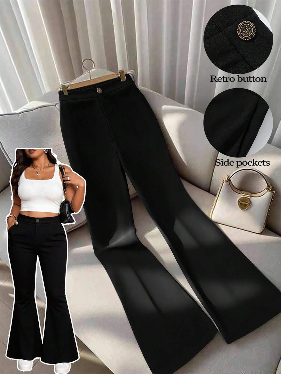 GlowEve CURVE Plus Size Women Elegant Commuter Casual Solid High Waist Pocket Work Pants - Black - View 1