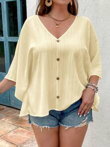 SHEIN VCAY Plus Size Textured Batwing Sleeve V-Neck Blouse Fall - Light Yellow - View 3