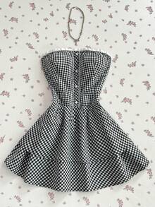 Elamini Áo hai dây lửng kẻ caro đen cho nữ, phối ren eo, ôm sát, thiết kế xếp ly đôi ở gấu váy, kiểu dáng retro gợi cảm ngọt ngào, thích hợp cho kỳ nghỉ biển. - màu đen - Xem 1