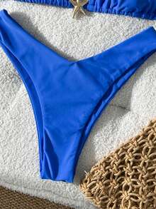 Swim Mod Conjunto de bikini sexy con tirantes finos y decoración metálica, unicolor para mujer, verano - Azul - Ver 4