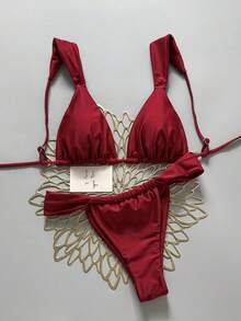 SHEIN Swim Bộ bikini mùa hè màu trơn gợi cảm dành cho nữ, đồ bơi bikini một mảnh cho nữ, bộ đồ bơi Zestiva 2 mảnh, đồ bơi định hình dáng quyến rũ cho nữ, bộ bikini thiết kế dành cho nữ. - Đỏ - Xem 1