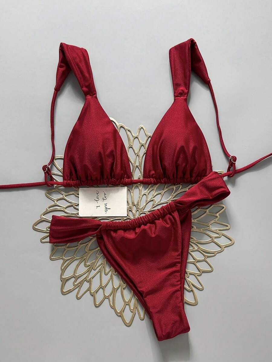 SHEIN Swim Bộ bikini mùa hè màu trơn gợi cảm dành cho nữ, đồ bơi bikini một mảnh cho nữ, bộ đồ bơi Zestiva 2 mảnh, đồ bơi định hình dáng quyến rũ cho nữ, bộ bikini thiết kế dành cho nữ. - Đỏ - Xem 1