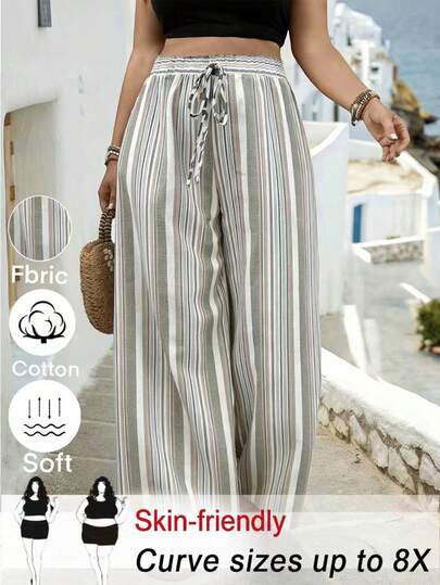 SHEIN Tall CURVE 大码休闲条纹阔腿裤