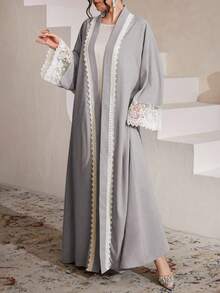 Al Najma Water-Soluble Lace Cardigan, Solid Color Elegant Dubai Style Abaya Robe, Long Sleeve - Grey - View 3