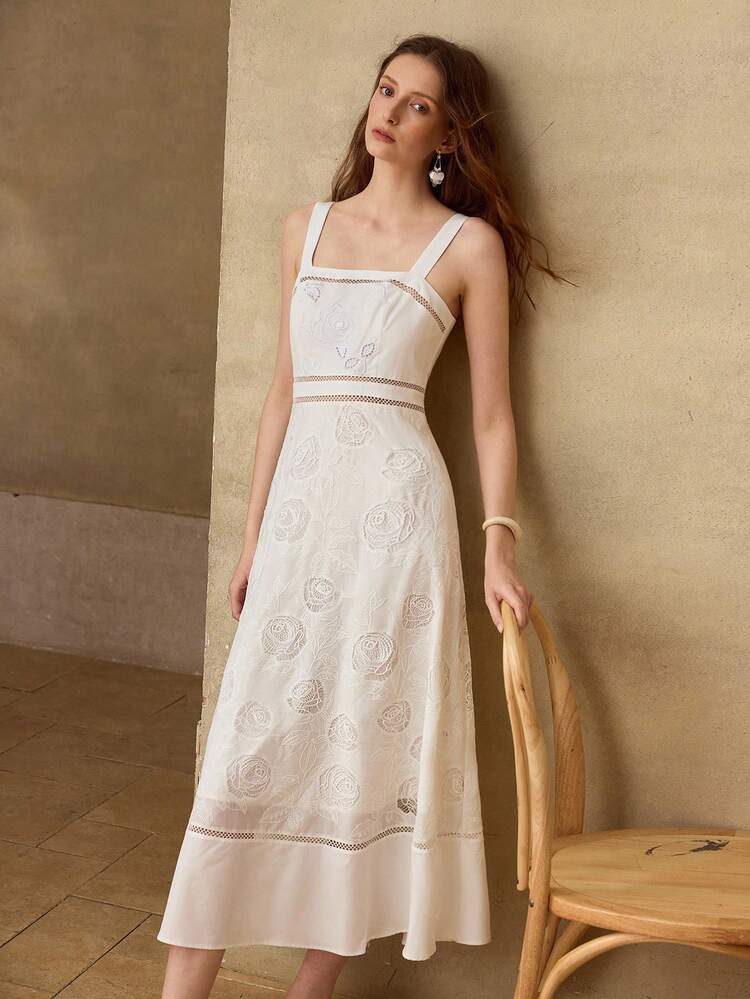 ROSE HOLLOW EMBROIDERED LACE TRIM ELEGANT SLEEVELESS MIDI DRESS
