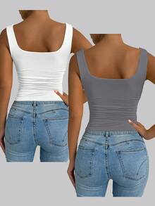 Elenzga Áo tank top không tay cổ vuông cỡ lớn dành cho nữ, thích hợp cho mùa xuân/hè, đi nghỉ mát, áo tank top trắng cơ bản để đi chơi. - Nhiều màu - Xem 2