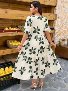 Vionelle Plus Size Dark Green Floral Print Midi Dress,Elegant Summer Vacation Holiday Pure Cotton Round Neck Puff Sleeve Cinched Waist Ruffle Hem Maxi Dress - Green - View 2