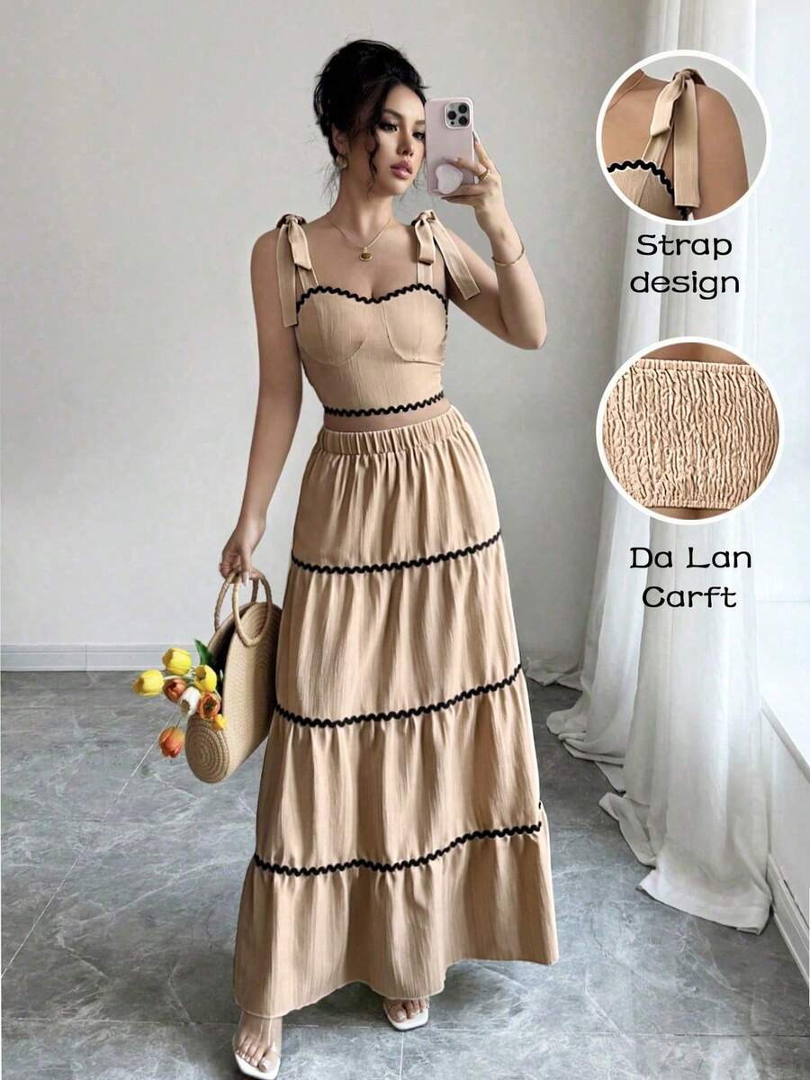 SHEIN Raffinéa 女士优雅无袖上衣和迷你裙套装 - 卡其色 - 查看 1