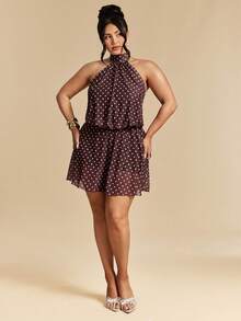 SHEIN BAE Plus Size Women's Brown Polka Dot Mini Dress,Elegant Halter Tie Neck Mesh Summer Wedding Guest Dress,Halter Backless Party Vacation Beach Outfits - Brown - View 4