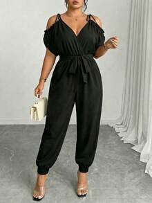 SHEIN Elenzya Plus Size Black Off-Shoulder Lace Jumpsuit,Elegant Curve Night Out Cocktail Club Summer Wide Leg 2 Piece Set,Cinched Waist See Through Jumpsuits - Black - View 2