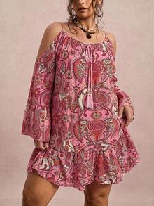 SHEIN Tall CURVE Đầm thời trang trễ vai in họa tiết hạt điều dành cho nữ cỡ lớn, thích hợp cho kỳ nghỉ. - Hồng - Xem 6