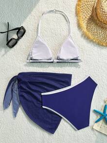 SHEIN Teen Girls 3-Piece Bikini Set, Navy Blue & White Contrast Color, Soft & Smooth Fabric, Halter Neck Triangle Top, Mesh Skirt, Minimalist Nautical Style, Suitable For Swimming, Beach, Pool, Summer Vacation - Navy Blue - View 2