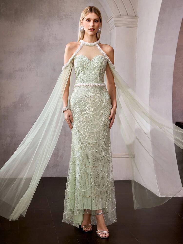 MOTF Soiréza SPRING & SUMMER BEADED EMBROIDERY DELICATE MESH A-LINE HALTER NECK COCKTAIL DRESS