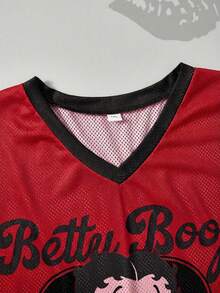 Betty Boop x SHEIN 大码女式V领卡通字母印花休闲百搭日常短袖T恤 - 紅色 - 查看 5