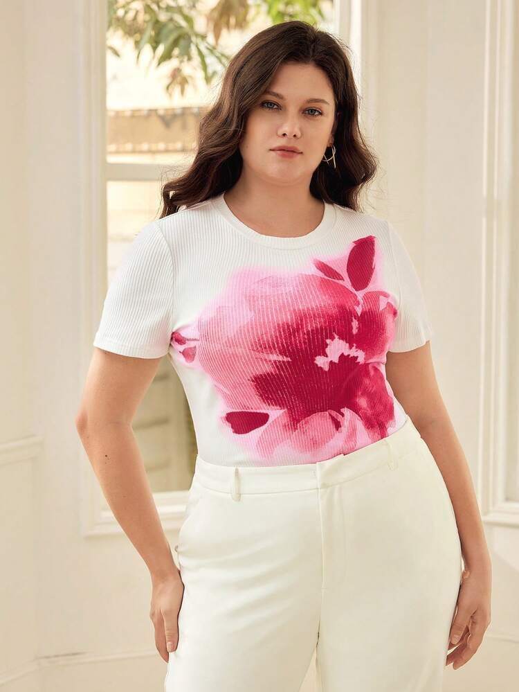 PLUS WATERCOLOR FLORAL PRINT RELAXED FIT CREW NECK SHORT SLEEVE T-SHIRT