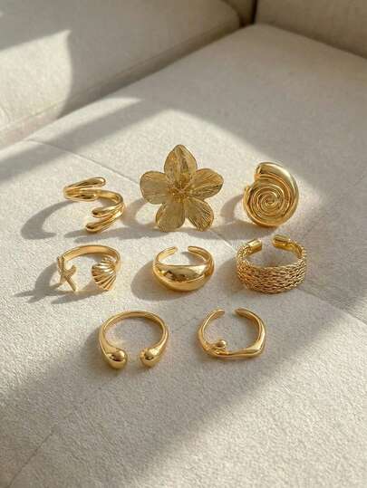 Resyla 8pcs/Set Vintage Smooth Plain Rings, Bohemian Starfish Personalized Rings, Fashion Rings