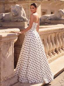 Elegant Luxury Digital Polka Dot Open Shoulder Strapless Hollow Bow Decor Design Boned Bodycon High Slit Maxi Dress, Suitable For Festivals, Weddings, Galas, Concerts, Business Events, Influencer Activities - Multicolor - View 2