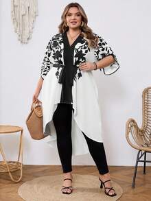 SHEIN CURVE+ Plus Size Women Vacation Plant Pattern Half Sleeve Tie Waist High Low Hem Blouse - Multicolor - View 6