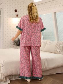 Elorette Plus Size Women's Floral Print PJS, Decorated With Ruffle Trim And Pockets, Suitable For Indoor And Outdoor Wear - Pink - View 2