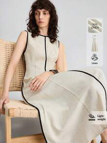 Ontre 2026SS Nouvelle robe mi-longue d'été pour femmes, design color block en tissu tissé, style vacances, tenue de fête, robe noire et abricot pour femmes, col rond sans manches, simple et élégante, polyvalente pour le travail, les sorties d'été et les fêtes. Robe décontracté, tenue de plage, robe longue pour invitée de mariage, robe de soirée, robe élégante, design mode évasé en ligne A, tenue romantique pour le thé et les rendez-vous. Coupe ample et confortable, populaire robe mi-longue pour femmes - Noir et Blanc - Voir 1