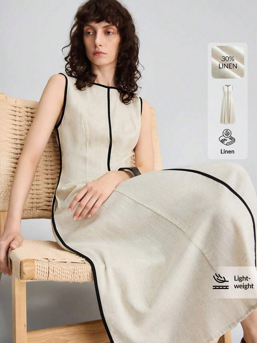 Ontre 2026SS Nouvelle robe mi-longue d'été pour femmes, design color block en tissu tissé, style vacances, tenue de fête, robe noire et abricot pour femmes, col rond sans manches, simple et élégante, polyvalente pour le travail, les sorties d'été et les fêtes. Robe décontracté, tenue de plage, robe longue pour invitée de mariage, robe de soirée, robe élégante, design mode évasé en ligne A, tenue romantique pour le thé et les rendez-vous. Coupe ample et confortable, populaire robe mi-longue pour femmes - Noir et Blanc - Voir 1
