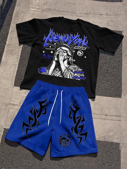 PAVTROS Men's Liberty Statue & Letter Print Short Sleeve T-Shirt And Casual Drawstring Waist Pocket Shorts Set