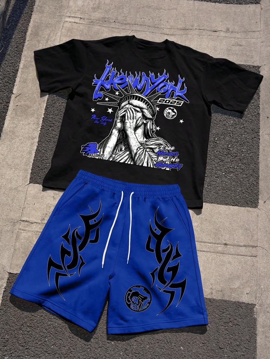PAVTROS Conjunto masculino de camiseta de manga curta com estampa da Estátua da Liberdade e letras e bermuda casual com bolso e cordão na cintura. - Multicolorido - Ver 1