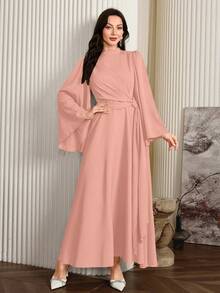 Modelyn 女士优雅纯色喇叭袖阿拉伯连衣裙，秋季长款晚礼服 - 粉色 - 查看 7