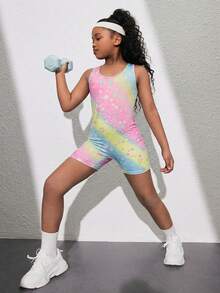 SHEIN Bộ áo liền quần thể thao yoga cổ chữ U khoét lưng dành cho bé gái tuổi teen, thích hợp cho mùa xuân/hè. - Nhiều màu - Xem 6