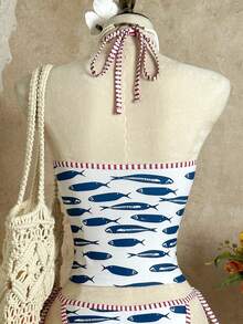 Swim Vcay 2026新款女士夏季沙滩度假休闲小鱼红白条纹抽绳印花露背短款上衣吊带短裤侧系带泳衣比基尼套装 - 彩色 - 查看 8