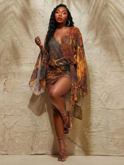 Radiana Plus Size Women's Spring/Summer Fashion Sexy Sheer Mesh Tie-Dye Leopard Print Loose Maxi Sleeve Mini Dress, Suitable For Everyday Wear, Music Festival, Coachella, BOHO, Bohemian, Outing, Resort, Beach Vacation, Holiday, Seaside, Western Wear, Concert, Carnival Party, Richly Layered, Date Night, Ibiza, Nashville, Break, Modest, Chic, Club, Cute, Casual, Shopping, Streetwear, Going Out, Easy To Match & Looks Slim, Accent Your Body, Flatter The Figure Sheer Dress For Women