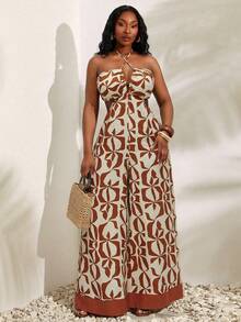 Radiana 大码女装时尚休闲性感都市度假系列露背吊带阔腿连体裤，几何印花，日常穿着，音乐节，百搭，热带风情，非洲印花，加勒比海风情，哈瓦那之夜，牙买加，科切拉音乐节，波西米亚风，外出，度假，海滩假期，假日，海滨，西部风情，演唱会，狂欢节派对，层次丰富，约会之夜，伊比沙岛，纳什维尔，休闲，简约，时尚，夜店，可爱，休闲，购物，街头风，外出，易于搭配，显瘦，凸显身材，展现迷人曲线 - 棕色 - 查看 5