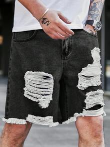 EGENSIO Quần short denim rách dáng rộng dành cho nam, cỡ lớn, có túi. - Xám - Xem 5