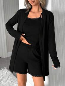 SHEIN 3pcs Ribbed Lace Trim Cami Top, Shorts & Cardigan Pajama Lounge Set – Soft, Stretch, Cozy Fit - Black - View 5