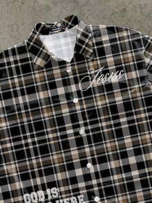 Manfinity ZONE917 Boxy Streetwear Loose "JESUS" Slogan Plaid Full Print Short Sleeve Shirt, Brown & Black - Multicolor - View 2